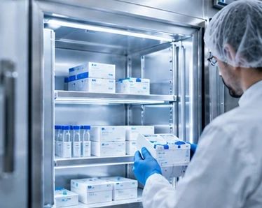 Illustration : un réfrigérateur pharmaceutique ouvert, boîtes et flacons sur les clayettes.