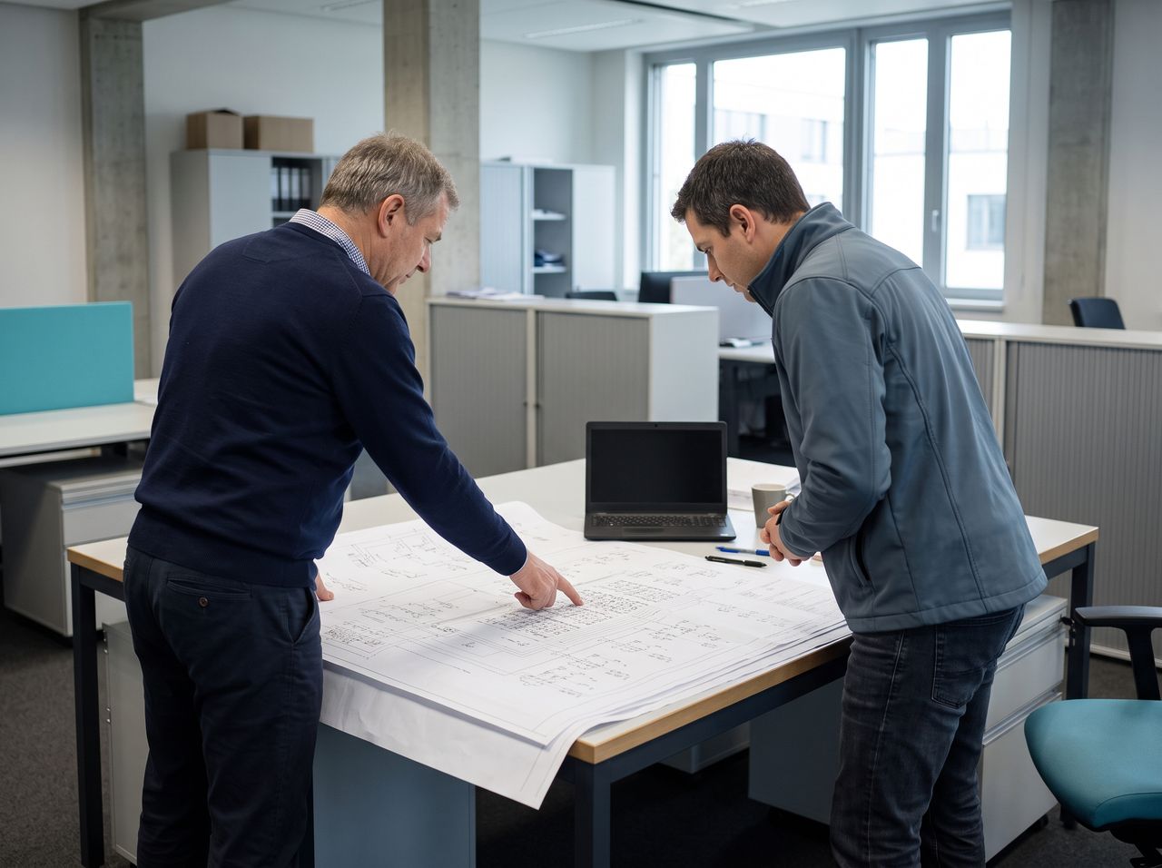 Photo d’illustration : examen de plans sur une table de travail.