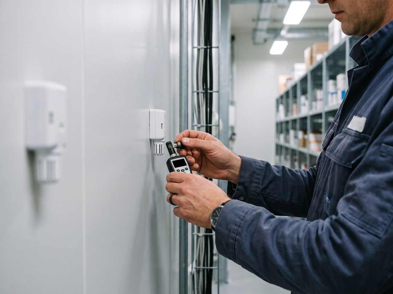 Photo d’illustration : relevé d’un capteur d’ambiance fixé au mur d’une zone de stockage.